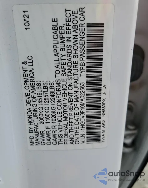 2021 Honda Accord Hybrid из США, поврежденный, VIN 1HGCV3F10MA022663